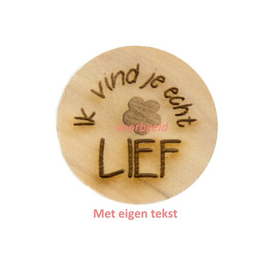 Houten knoop 2,5 cm eigen tekst, twee regels en symbool Wolcafé is de